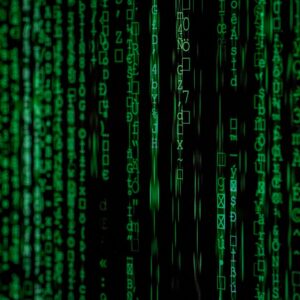 Abstract green matrix code background with binary style.