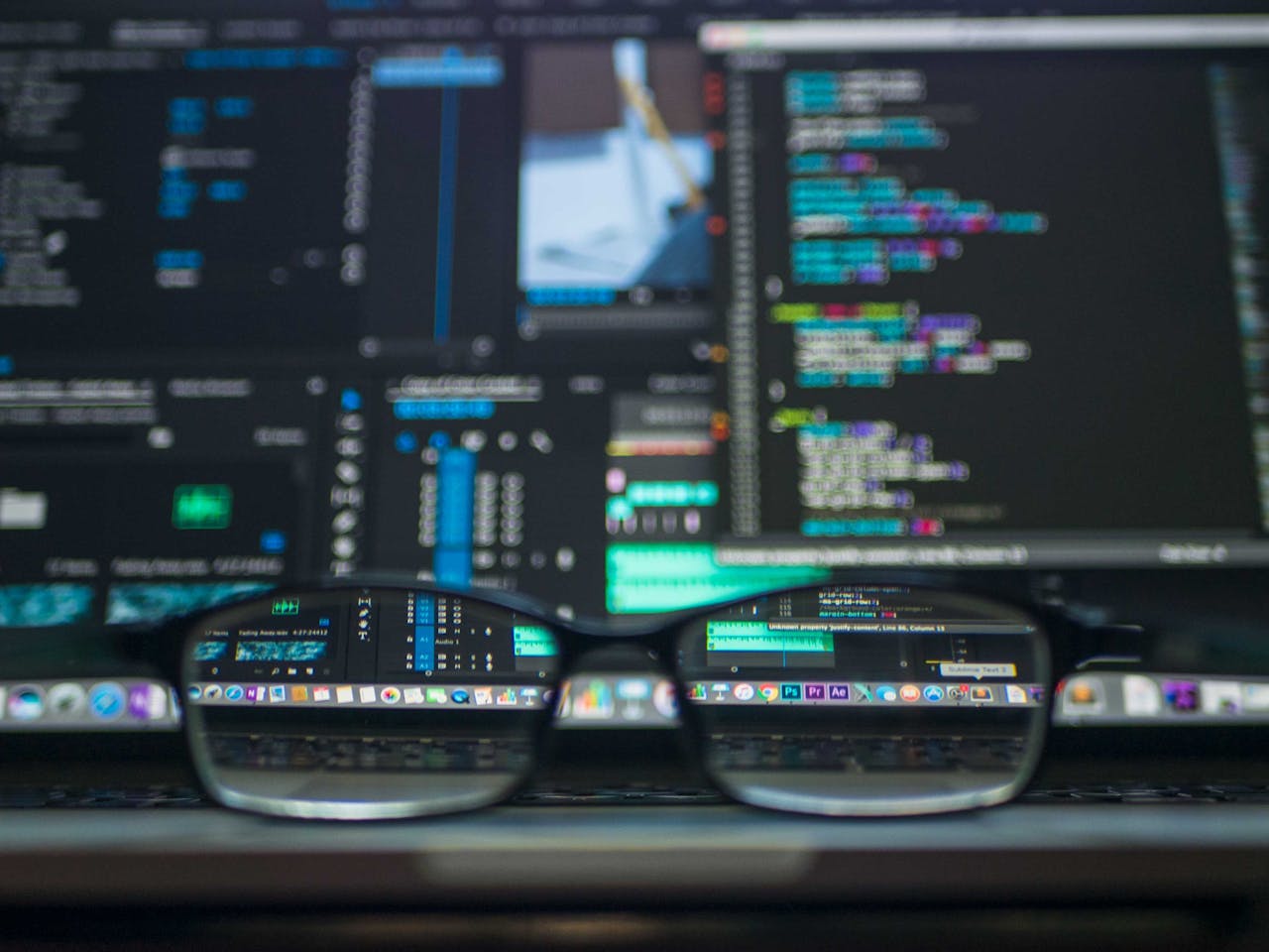our-stories Eyeglasses reflecting computer code on a monitor, ideal for technology and programming themes.